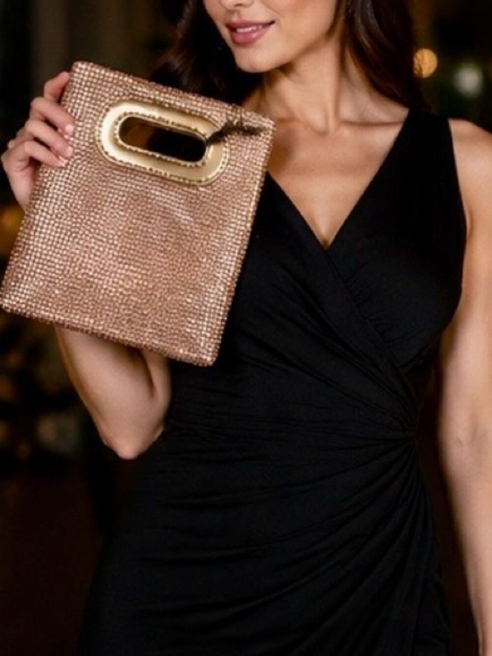 La Regale Rose Gold Rhinestone Evening Bag Cutout Handle Clutch Purse 7” x 8” - Picture 5 of 7